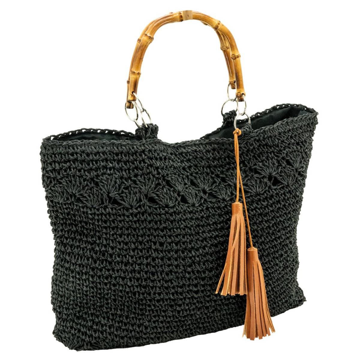 Aubry Gaspard - Sac tressé noir avec anse en bambou - Imagen 1