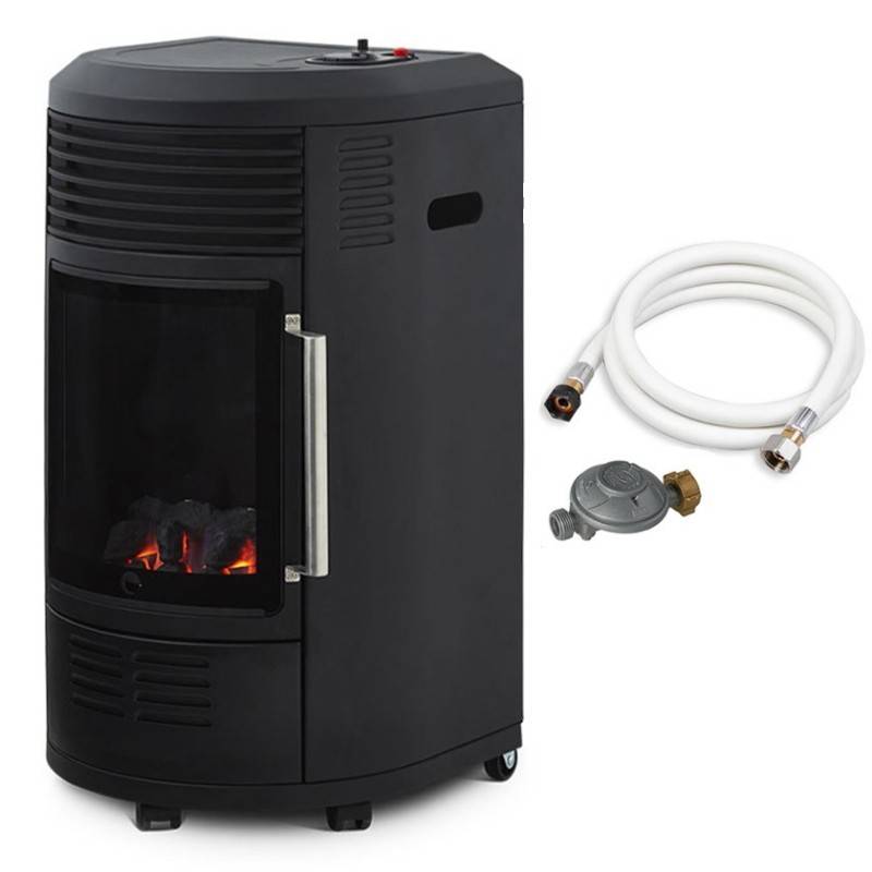 Favex - Chauffage d'appoint à gaz Volga - FAVEX - Effet feu de cheminée - Livré avec tuyau et détendeur - 6 puissances - 40 m², Noir - Image 1
