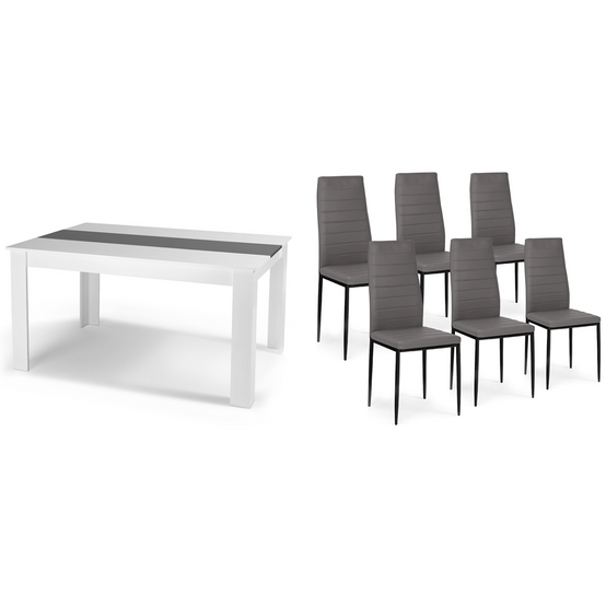 IDMARKET - Ensemble table à manger GEORGIA 140 cm blanche et grise et 6 chaises ROMANE grises - Image 6