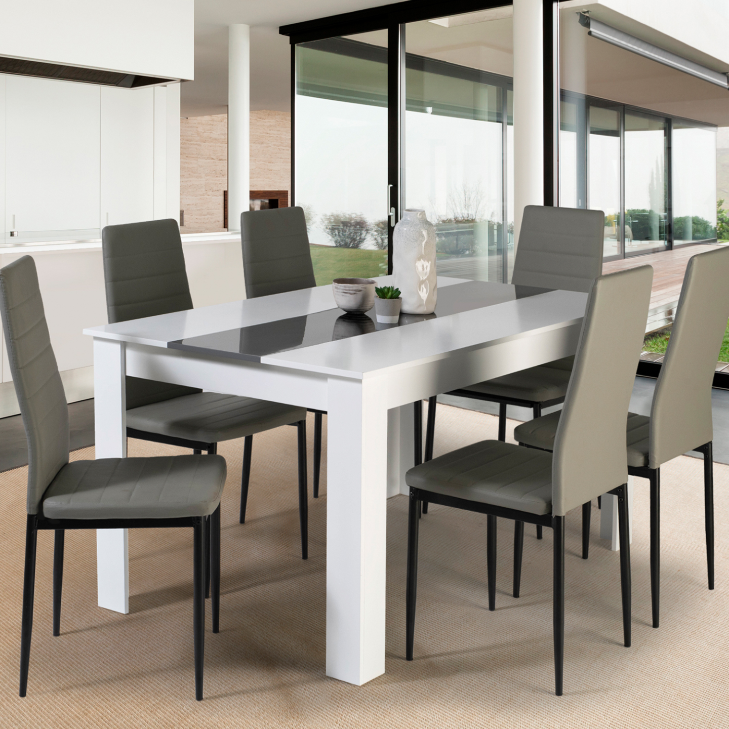 IDMARKET - Ensemble table à manger GEORGIA 140 cm blanche et grise et 6 chaises ROMANE grises - Image 1