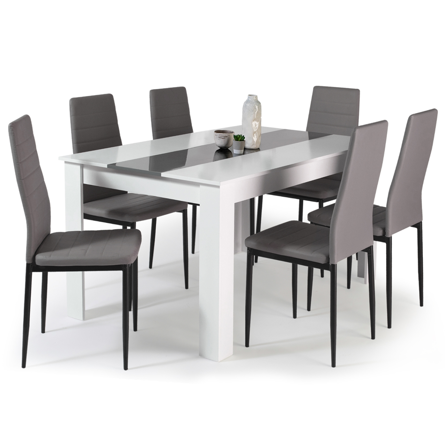 IDMARKET - Ensemble table à manger GEORGIA 140 cm blanche et grise et 6 chaises ROMANE grises - Image 2