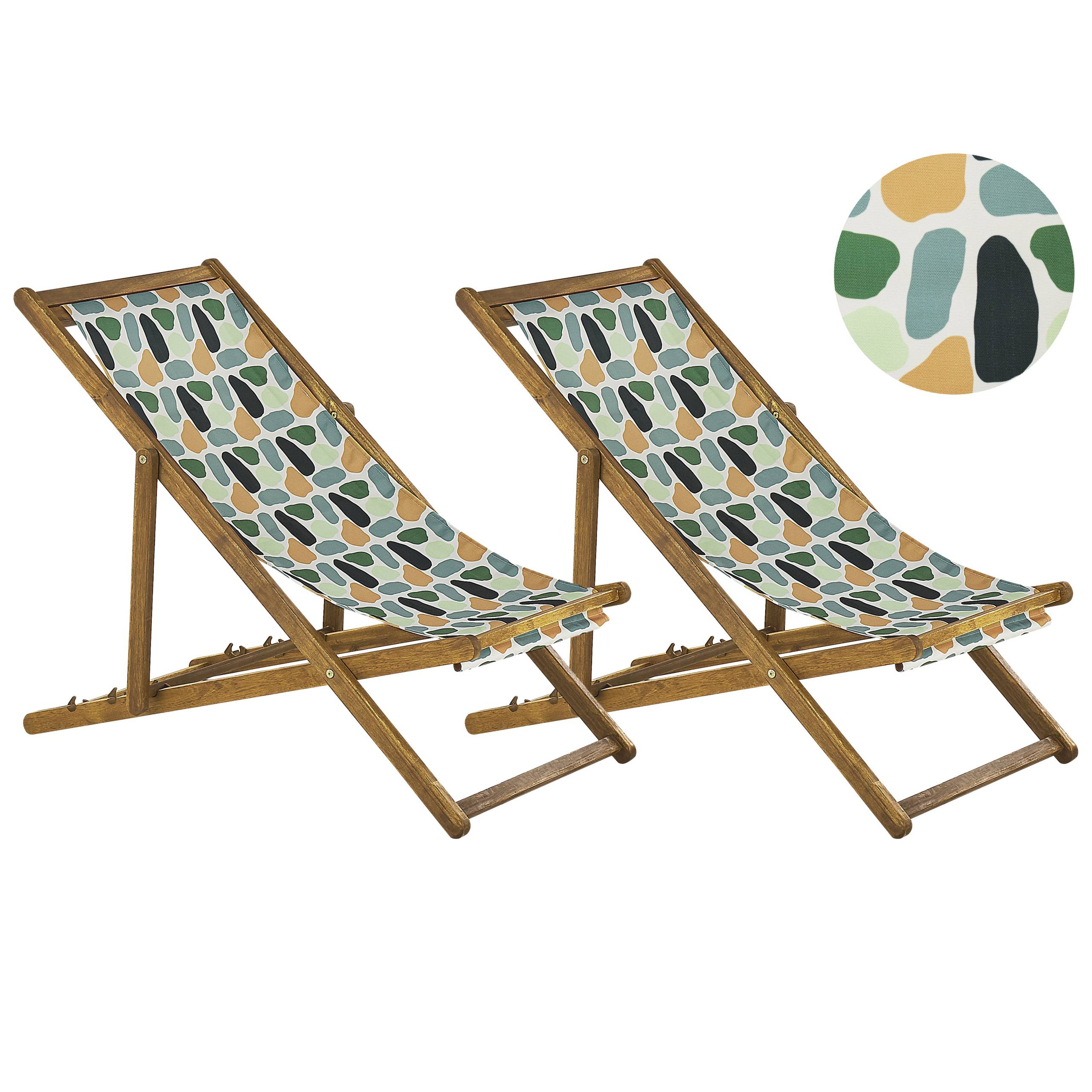 Beliani - 2 Transats Chiliennes Pliantes et Réglables en Bois d'Acacia Clair et Textile Motif Géométrique avec Toiles de Remplacement - Imagen 1