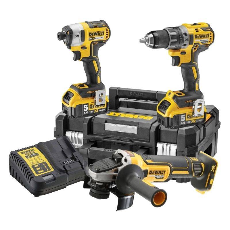 Pack 3 outils 18V DEWALT DCK384P2T-QW : perceuse-visseuse à percussion DCD796, meuleuse Ø125mm DCG405 et visseuse à choc DCF887