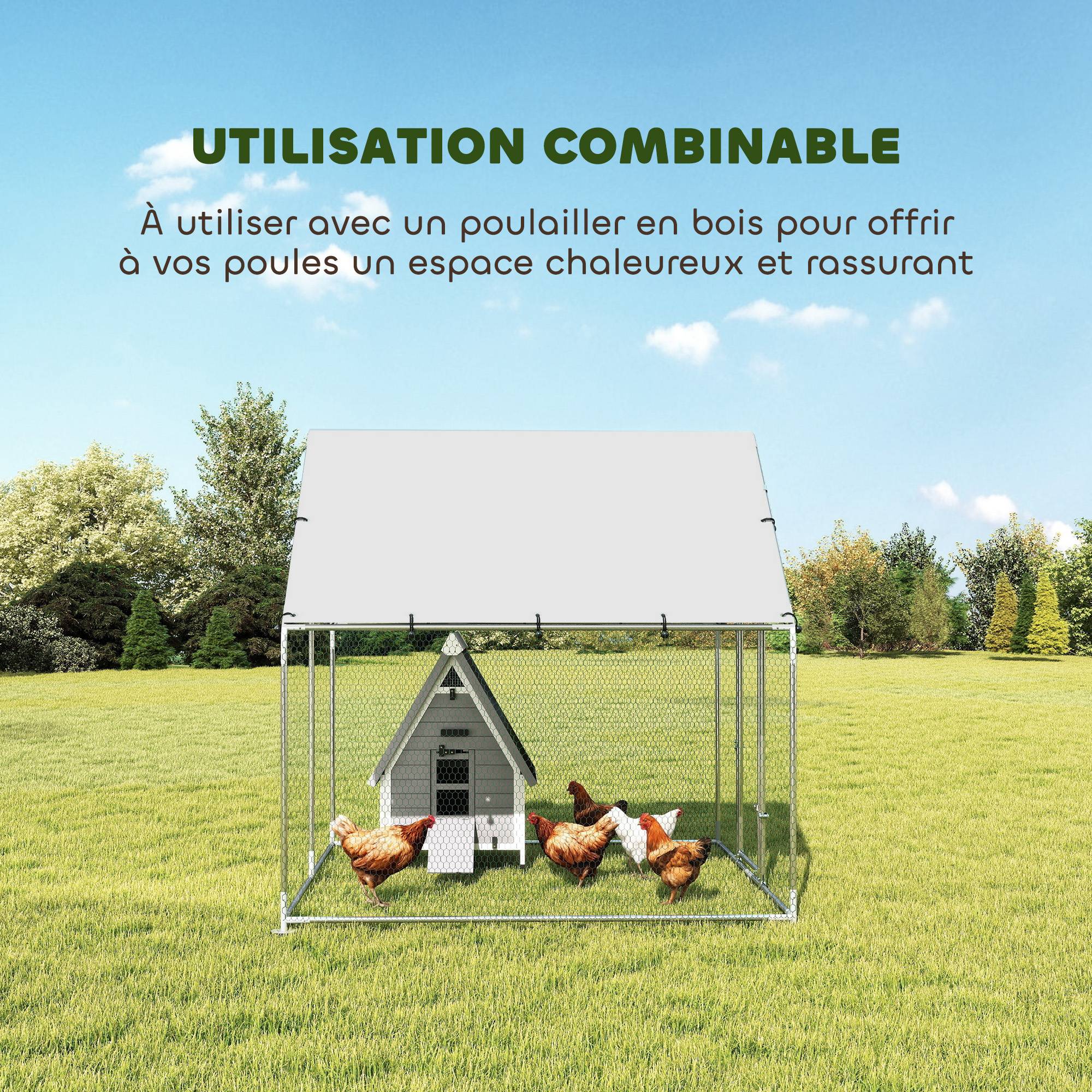Enclos poulailler extérieur 4 m², parc grillagé - acier galvanisé Ø19mm - bâche Oxford 420D anti-UV 200x200x200cm argent - Image 7