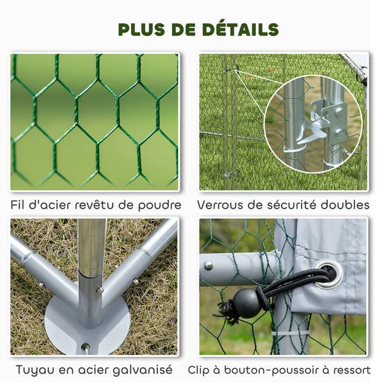 Enclos poulailler extérieur 4 m², parc grillagé - acier galvanisé Ø19mm - bâche Oxford 420D anti-UV 200x200x200cm argent - Image 8