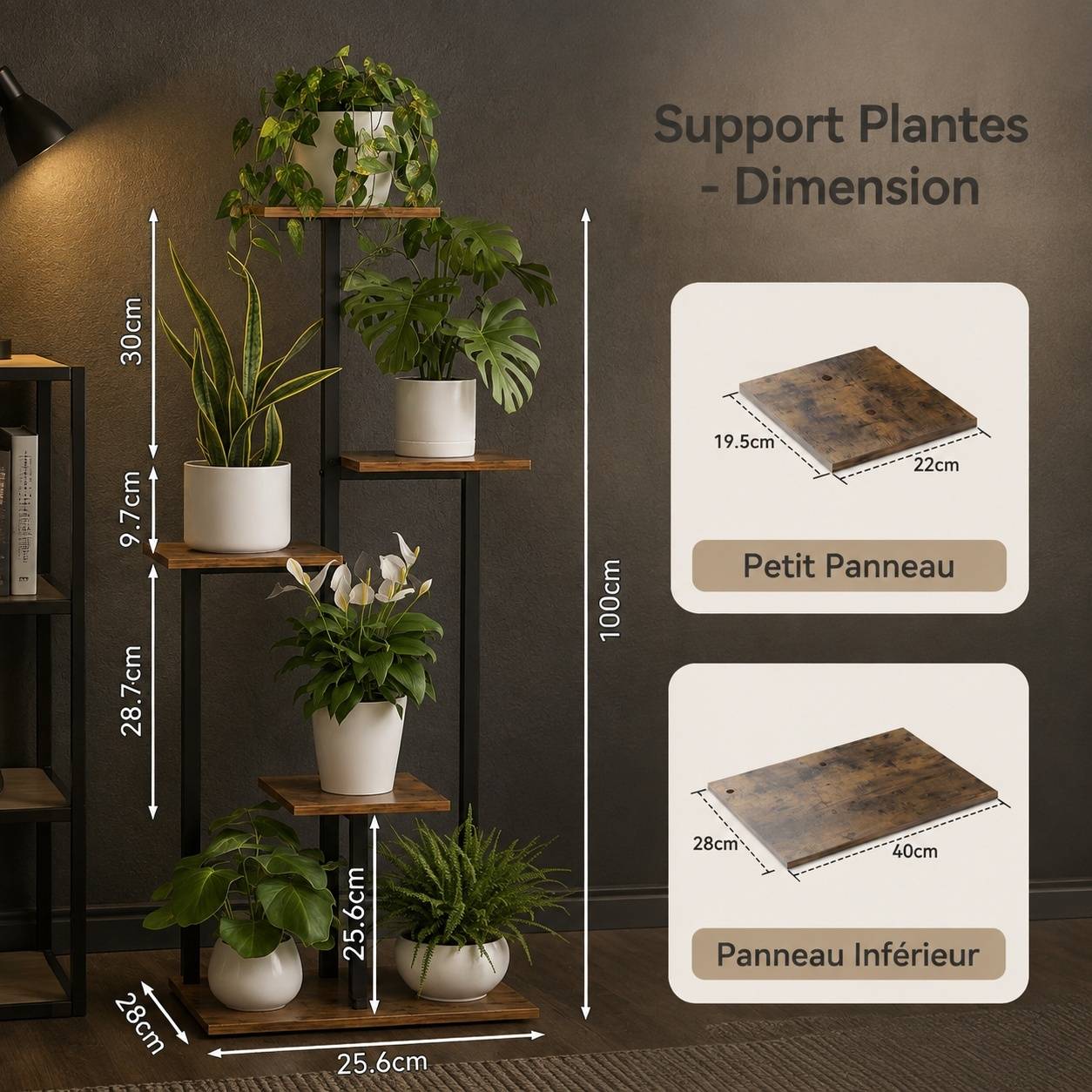 Support Étagère à Plantes 5 Niveaux Métal et Bois Design Étagéré Économiseur dEspace Industriel - Image 2