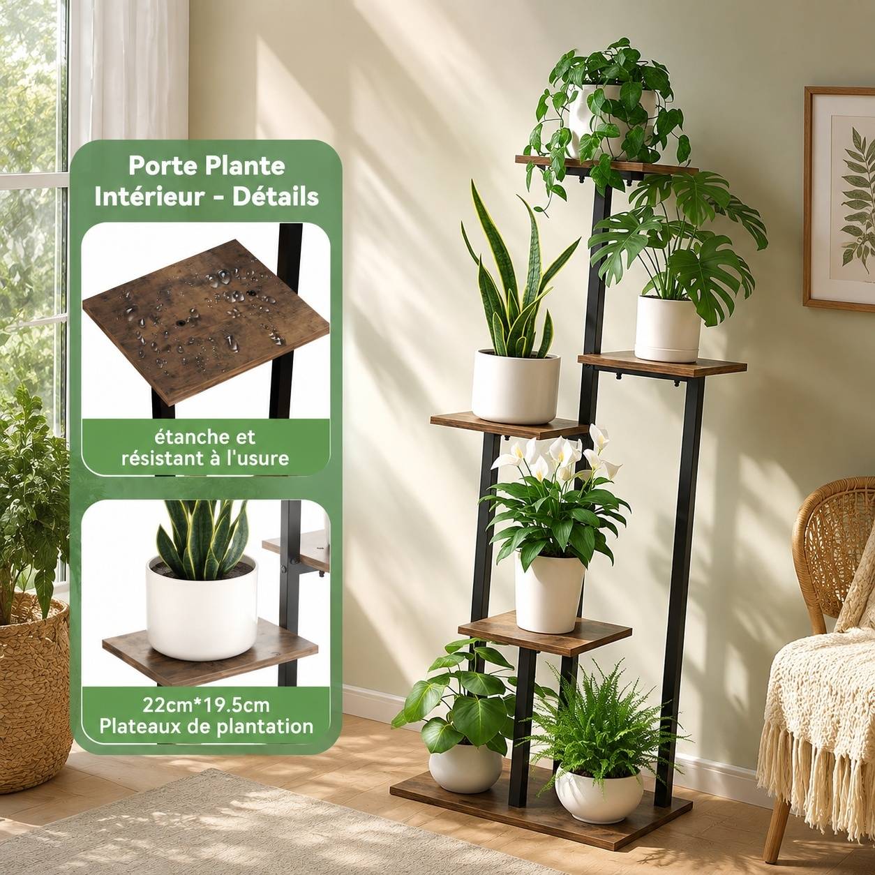 Support Étagère à Plantes 5 Niveaux Métal et Bois Design Étagéré Économiseur dEspace Industriel - Image 3