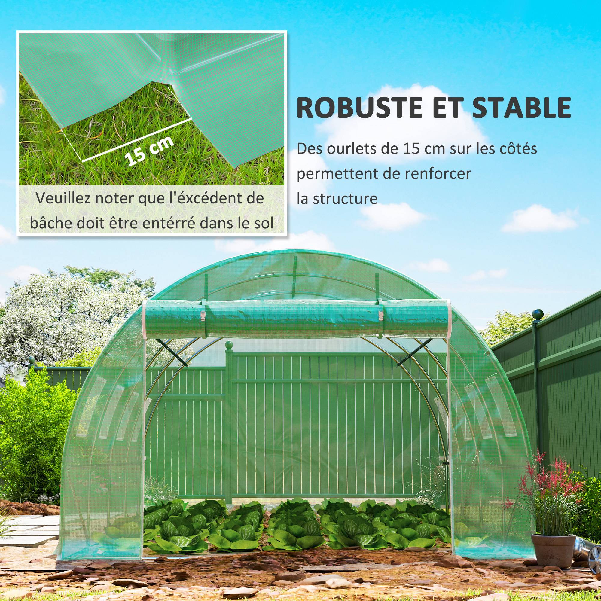 Bâche de rechange serre tunnel 12 m² 4 x 3 x 2 m PE anti-UV imperméable 8 fenêtres + porte enroulable zippée vert - Image 7