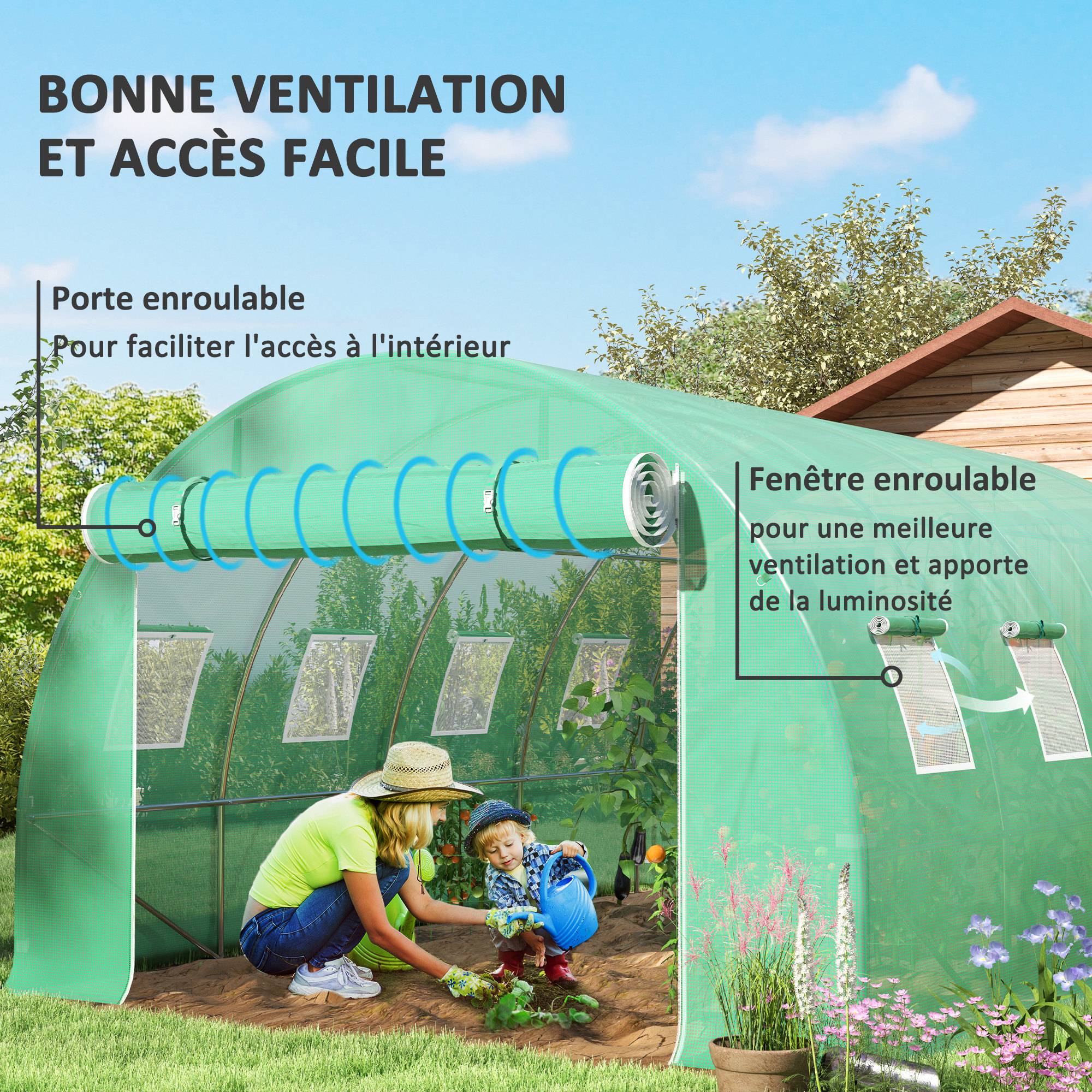Bâche de rechange serre tunnel 12 m² 4 x 3 x 2 m PE anti-UV imperméable 8 fenêtres + porte enroulable zippée vert - Image 6