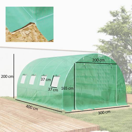 Bâche de rechange serre tunnel 12 m² 4 x 3 x 2 m PE anti-UV imperméable 8 fenêtres + porte enroulable zippée vert - Image 5