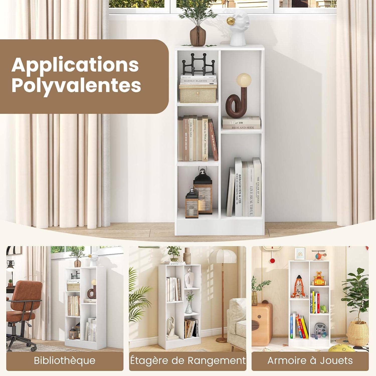 Bibliothèque Etagère à 5 Cases, Meuble de Rangement Autoportant avec 2 Kits Anti-basculement, Etagère d'Affichage en Bois de 50 cm, Blanc - Image 8