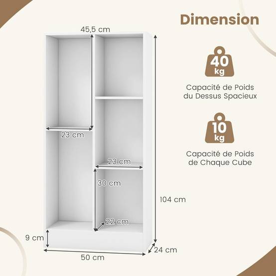 Bibliothèque Etagère à 5 Cases, Meuble de Rangement Autoportant avec 2 Kits Anti-basculement, Etagère d'Affichage en Bois de 50 cm, Blanc - Image 3