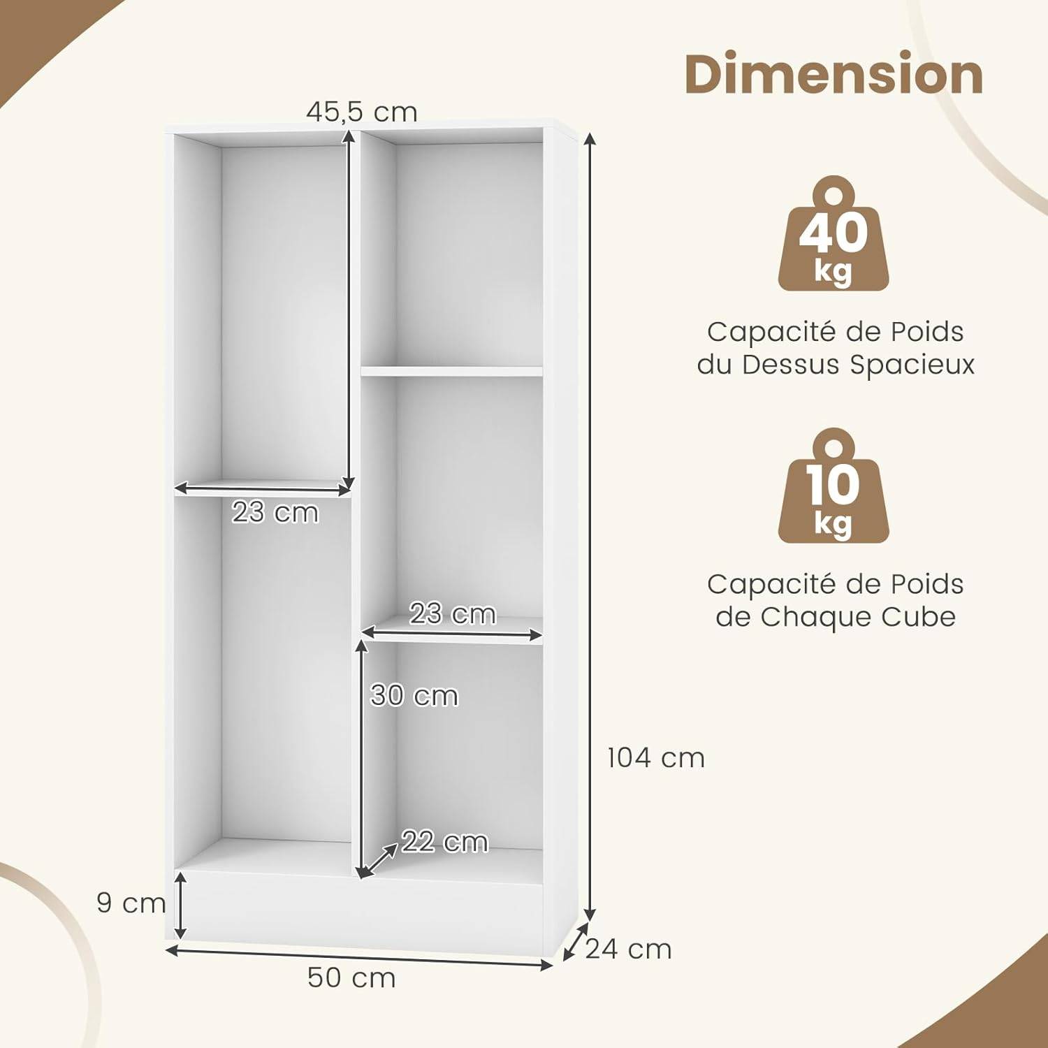 Bibliothèque Etagère à 5 Cases, Meuble de Rangement Autoportant avec 2 Kits Anti-basculement, Etagère d'Affichage en Bois de 50 cm, Blanc - Image 3