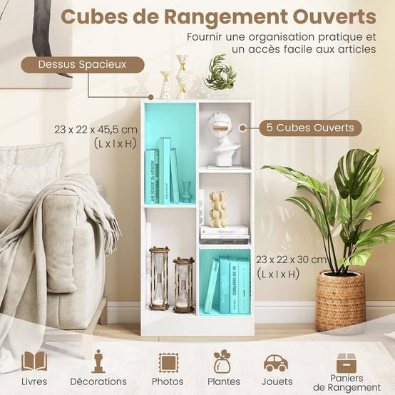 Bibliothèque Etagère à 5 Cases, Meuble de Rangement Autoportant avec 2 Kits Anti-basculement, Etagère d'Affichage en Bois de 50 cm, Blanc - Image 6