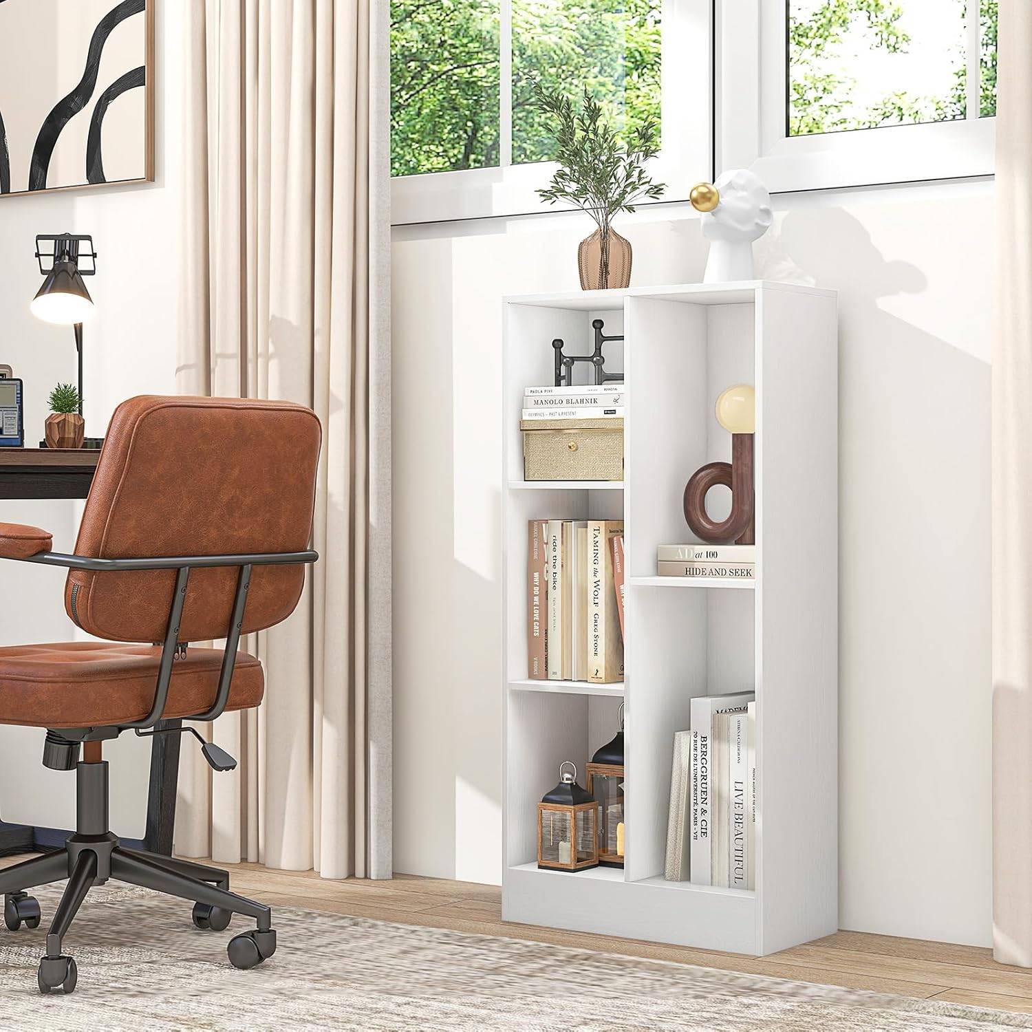 Bibliothèque Etagère à 5 Cases, Meuble de Rangement Autoportant avec 2 Kits Anti-basculement, Etagère d'Affichage en Bois de 50 cm, Blanc - Image 5