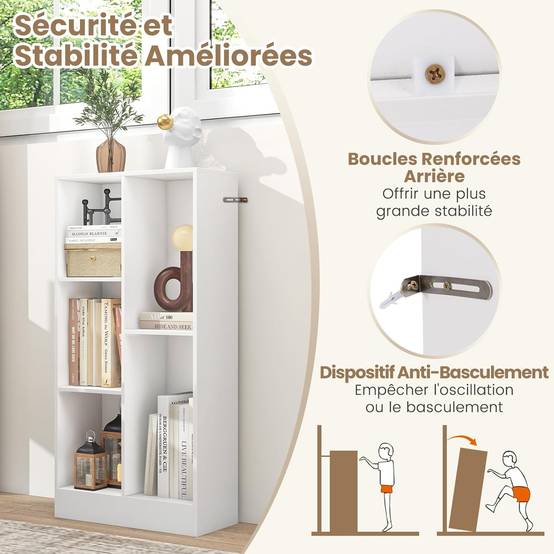 Bibliothèque Etagère à 5 Cases, Meuble de Rangement Autoportant avec 2 Kits Anti-basculement, Etagère d'Affichage en Bois de 50 cm, Blanc - Image 7