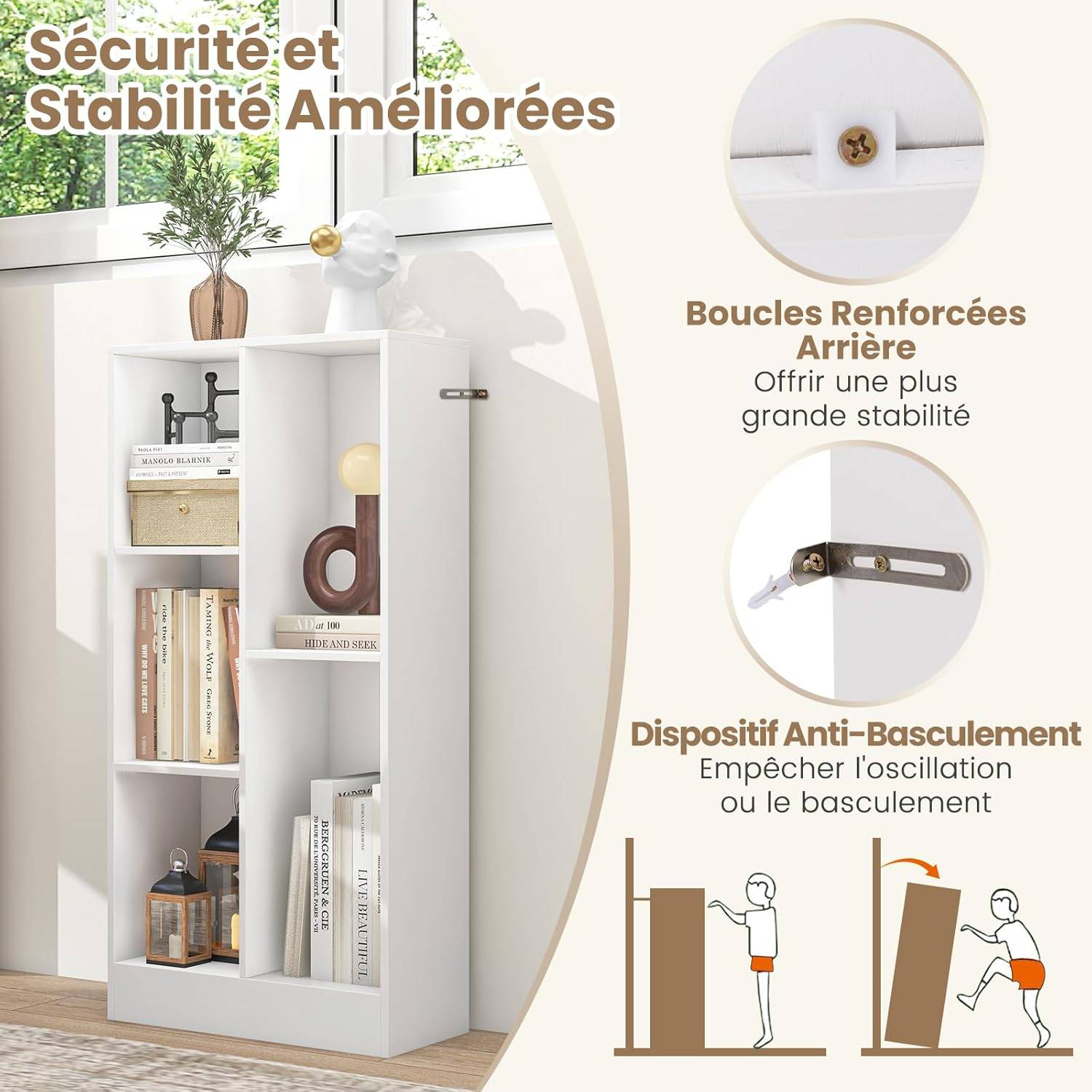 Bibliothèque Etagère à 5 Cases, Meuble de Rangement Autoportant avec 2 Kits Anti-basculement, Etagère d'Affichage en Bois de 50 cm, Blanc - Image 7