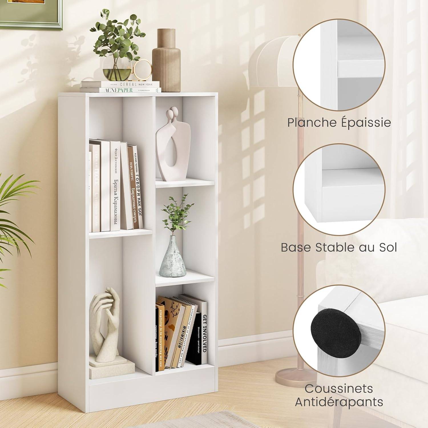 Bibliothèque Etagère à 5 Cases, Meuble de Rangement Autoportant avec 2 Kits Anti-basculement, Etagère d'Affichage en Bois de 50 cm, Blanc - Image 9