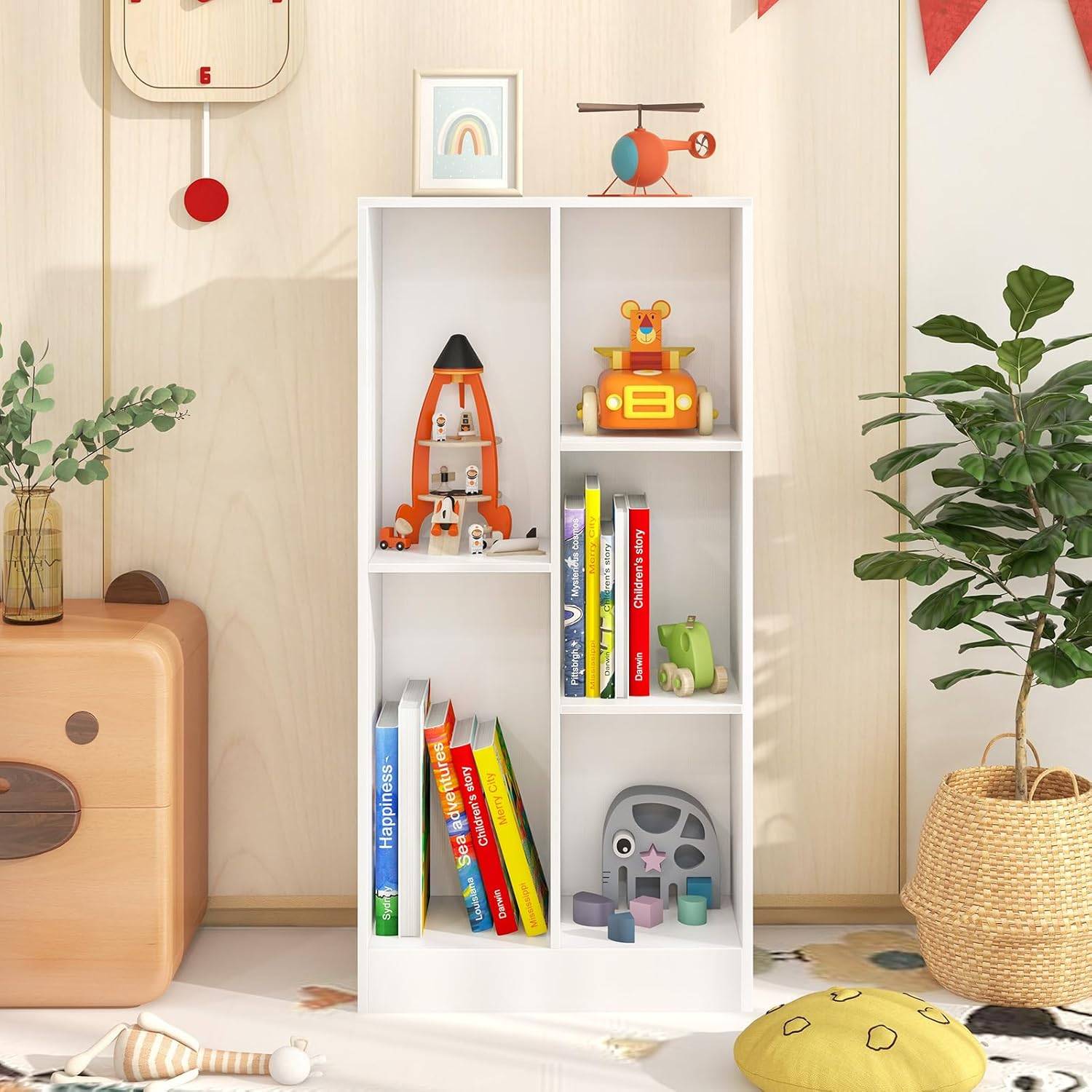 Bibliothèque Etagère à 5 Cases, Meuble de Rangement Autoportant avec 2 Kits Anti-basculement, Etagère d'Affichage en Bois de 50 cm, Blanc - Image 2