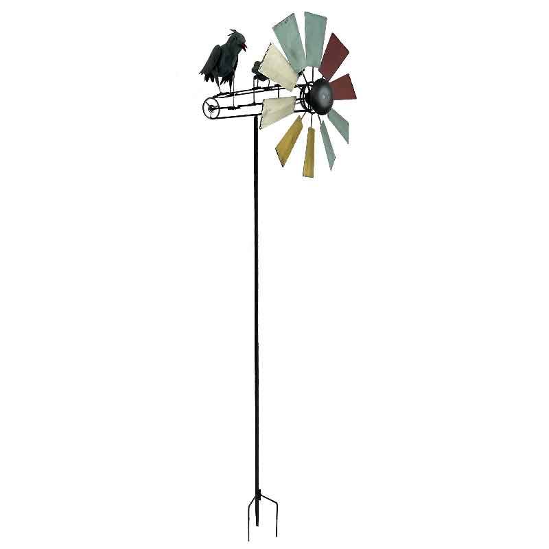 La Grande Prairie - Moulin multicolore oiseaux fer 22x17x66cm - Image 1
