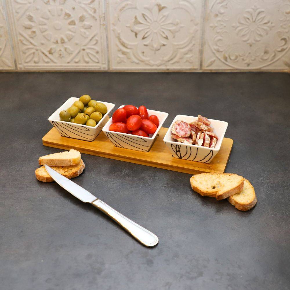 ~ Set apéritif tapas 3 verrines en bambou et céramique blanc et marron 36.5 x 10 cm Chemin de campagne - Imagen 3