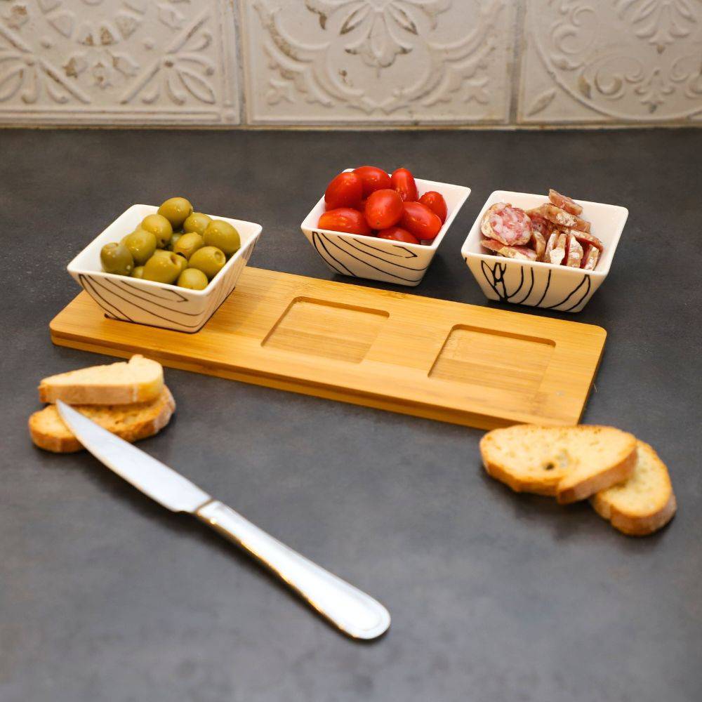 ~ Set apéritif tapas 3 verrines en bambou et céramique blanc et marron 36.5 x 10 cm Chemin de campagne - Imagen 4