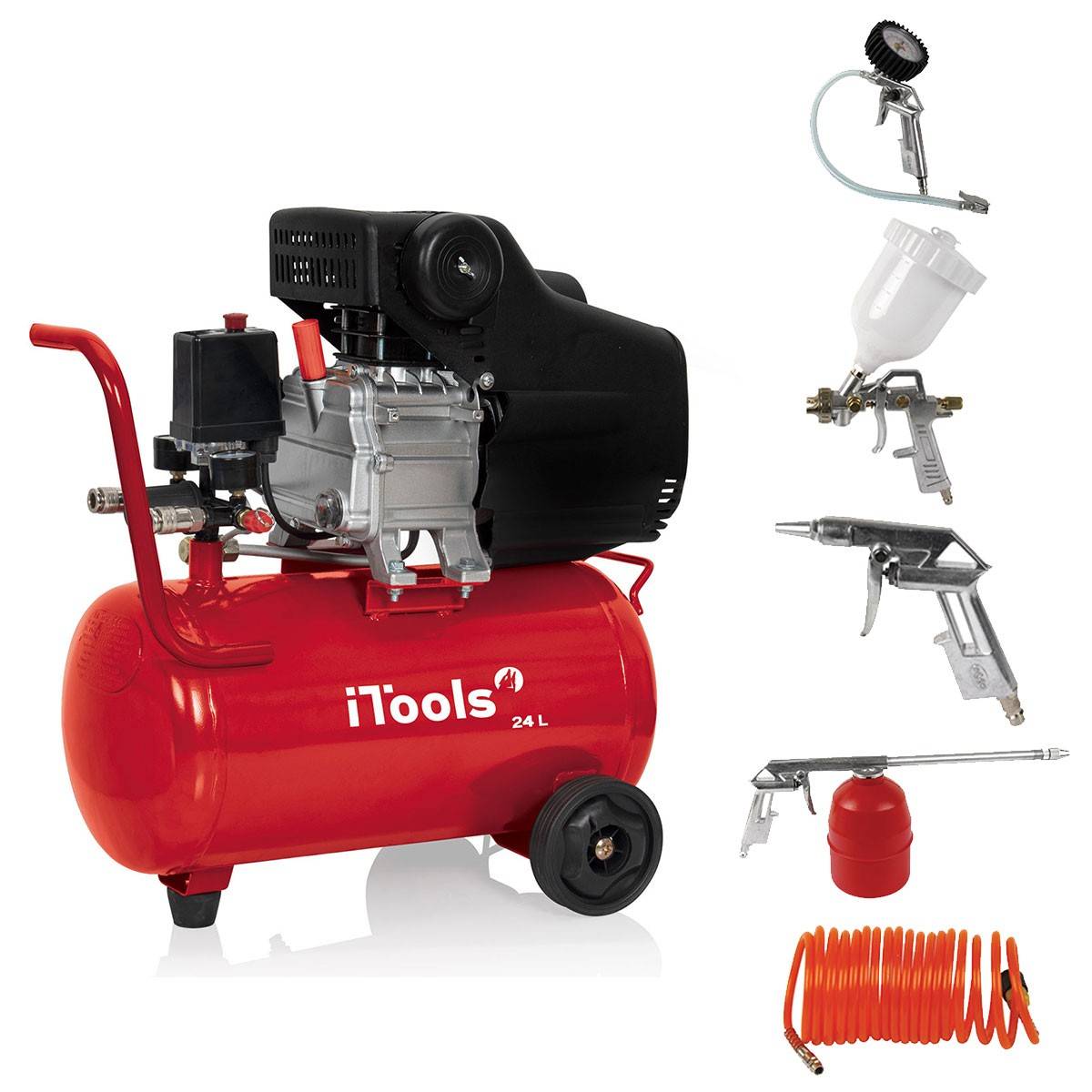 Compresseur d'air 24 Litres 8 bar 2CV 1.5KW 115 PSI + Kit Air comprimé 5 Pièces ITOOLS - Imagen 1