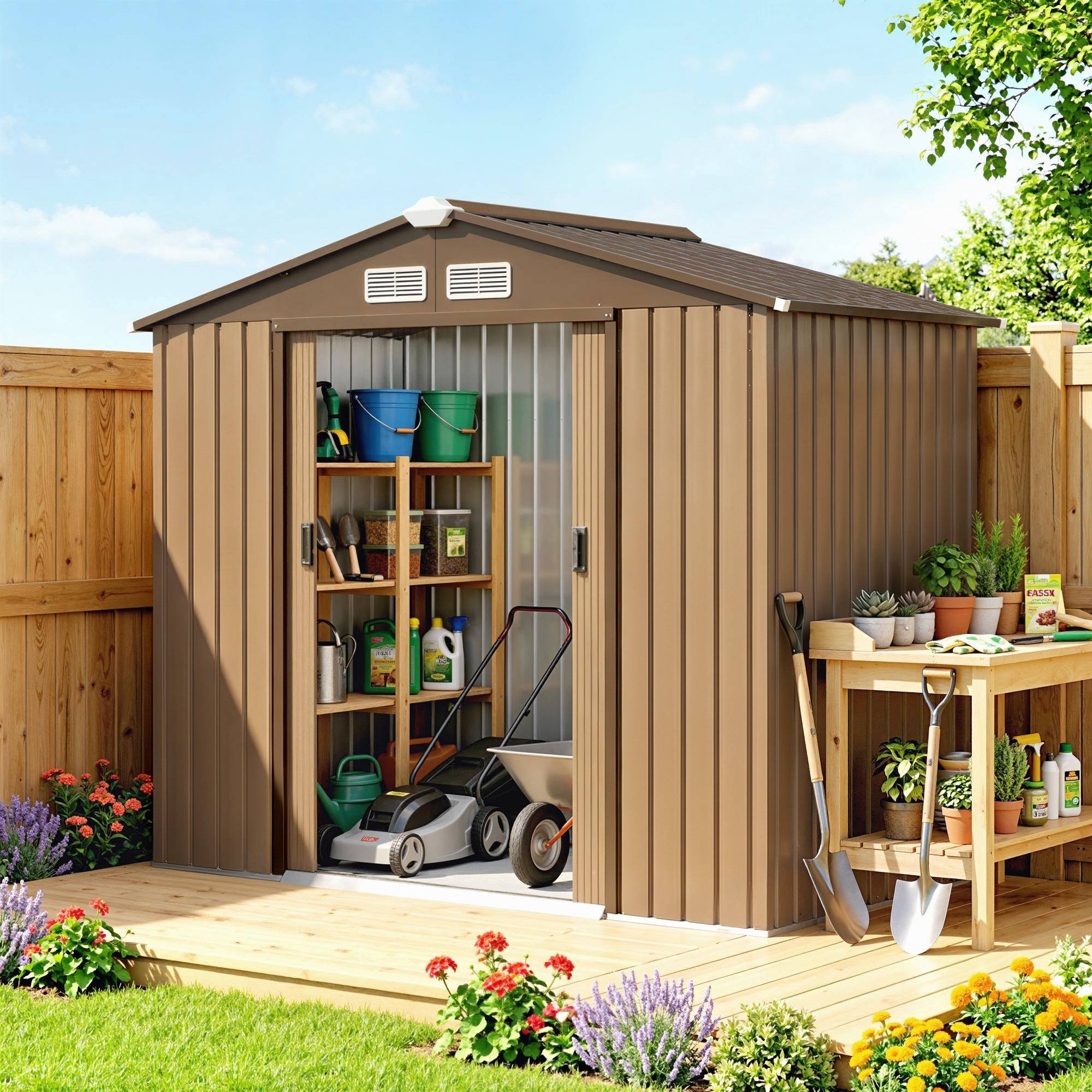 Abri de jardin 213 x 130 x 185 cm, abri de rangement extérieur en métal, couleur kaki - Image 3