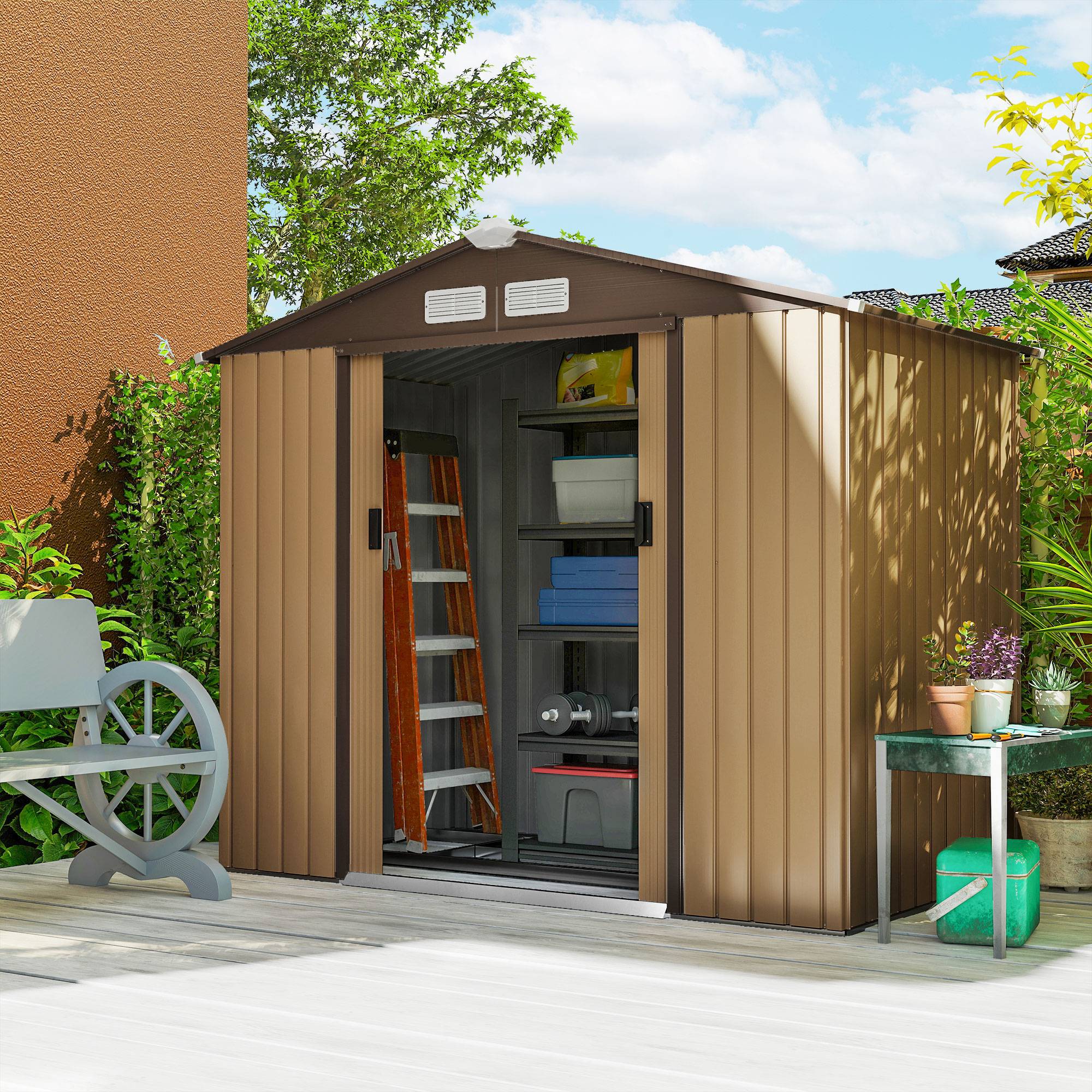 Abri de jardin 213 x 130 x 185 cm, abri de rangement extérieur en métal, couleur kaki - Image 10