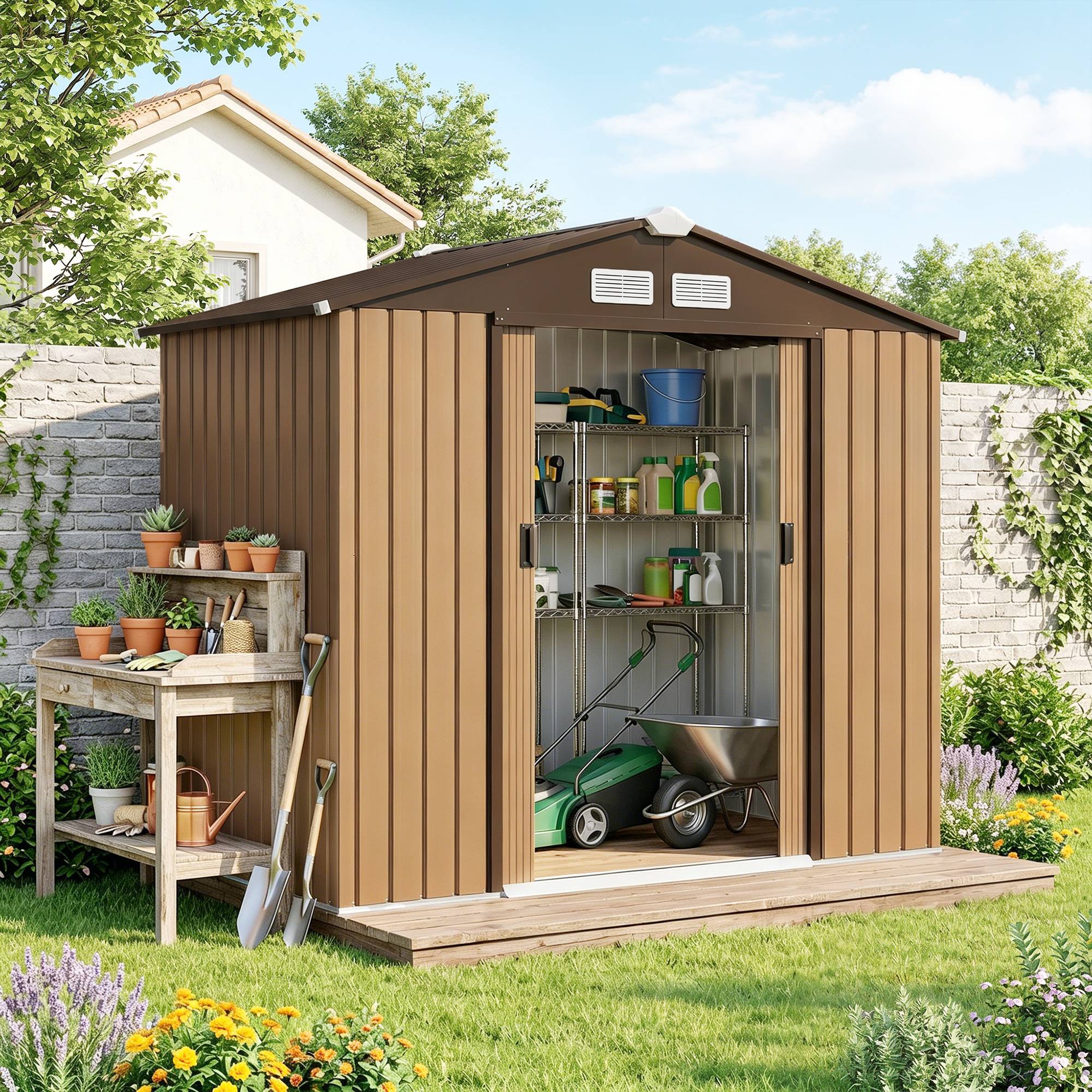Abri de jardin 213 x 130 x 185 cm, abri de rangement extérieur en métal, couleur kaki - Image 4
