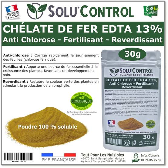SOLU'CONTROL - Chélate de Fer EDTA 13%, Anti-chlorose, Fertilisant, Reverdissant, 30g - Image 1