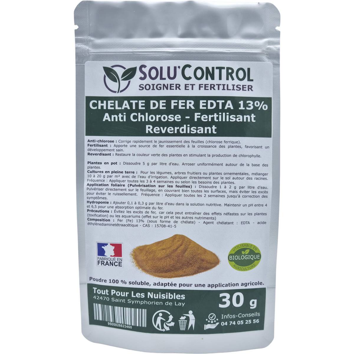 SOLU'CONTROL - Chélate de Fer EDTA 13%, Anti-chlorose, Fertilisant, Reverdissant, 30g - Image 2
