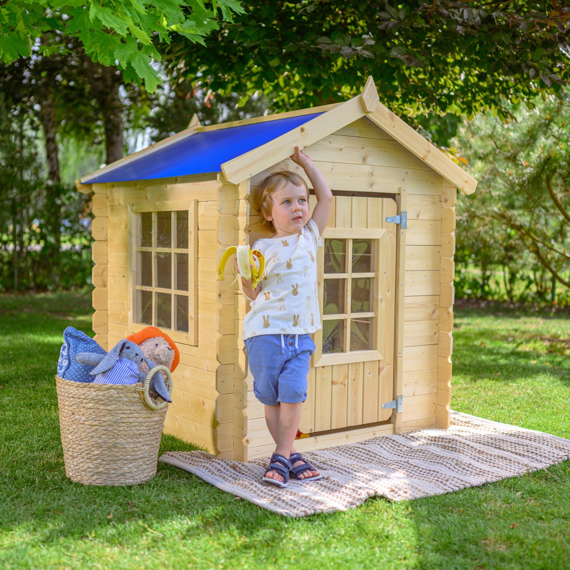 Timbela - Maison en bois pour enfants 111x114xH121 cm / 0.9 m² avec Toit bleu - Maison jardin enfant exterieur bois - 13 mm d’épaisseur - Timbela M570M-1 - Image 1