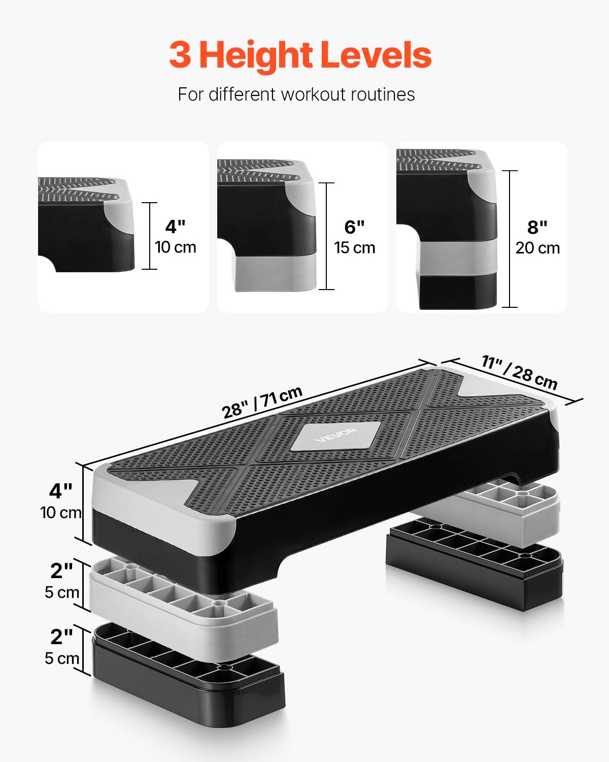 Vevor - VEVOR Stepper aérobic 71 cm, step de fitness réglable 10–20 cm, plateforme antidérapante avec 4 rehausseurs, gris - Image 4