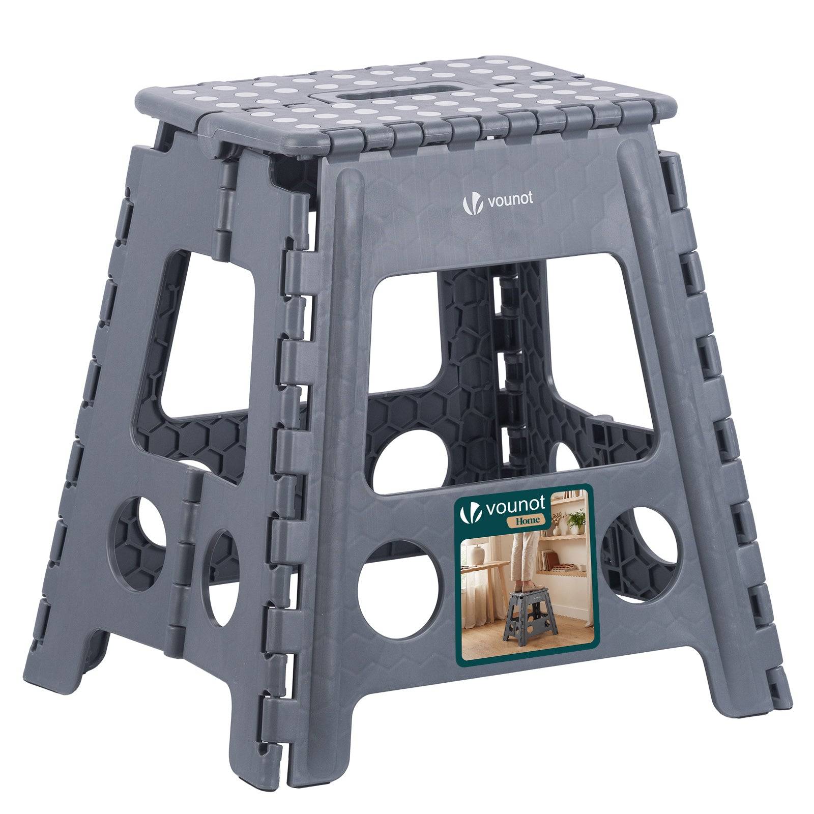 Tabouret pliant portable 39x32x40 cm - Marchepied pliable antidérapant avec poignée - Plastique - Gris - VOUNOT®