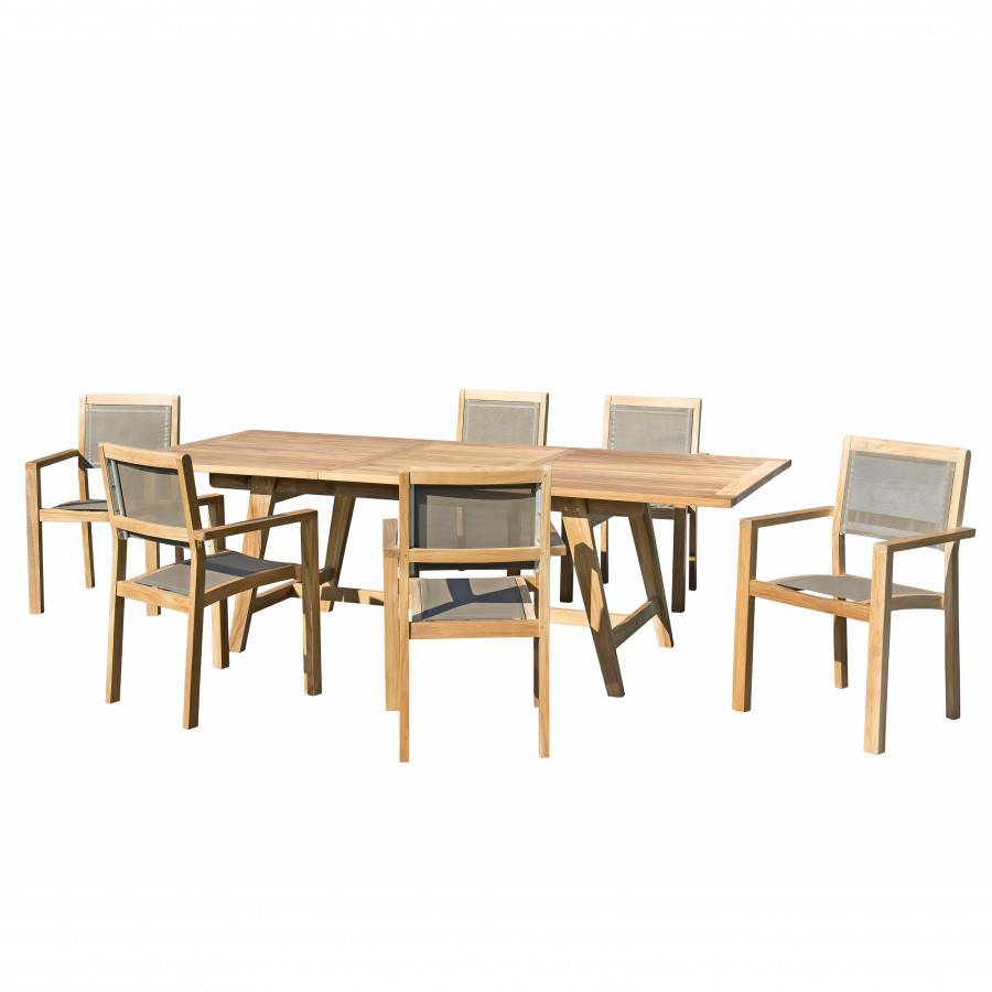 Macabane - HARRIS - SALON DE JARDIN EN BOIS TECK 8/10 pers. 1 Table rect. extensible 180/240*100 cm 6 fauteuils empilables textilène taupe - Imagen 1