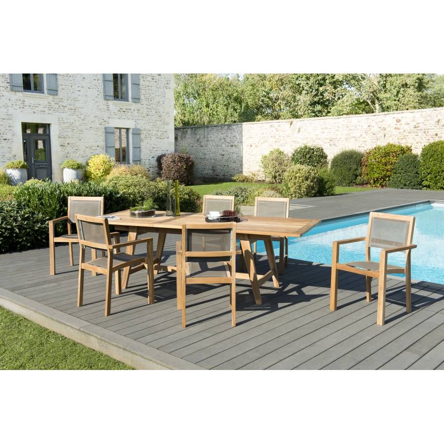 Macabane - HARRIS - SALON DE JARDIN EN BOIS TECK 8/10 pers. 1 Table rect. extensible 180/240*100 cm 6 fauteuils empilables textilène taupe - Imagen 2