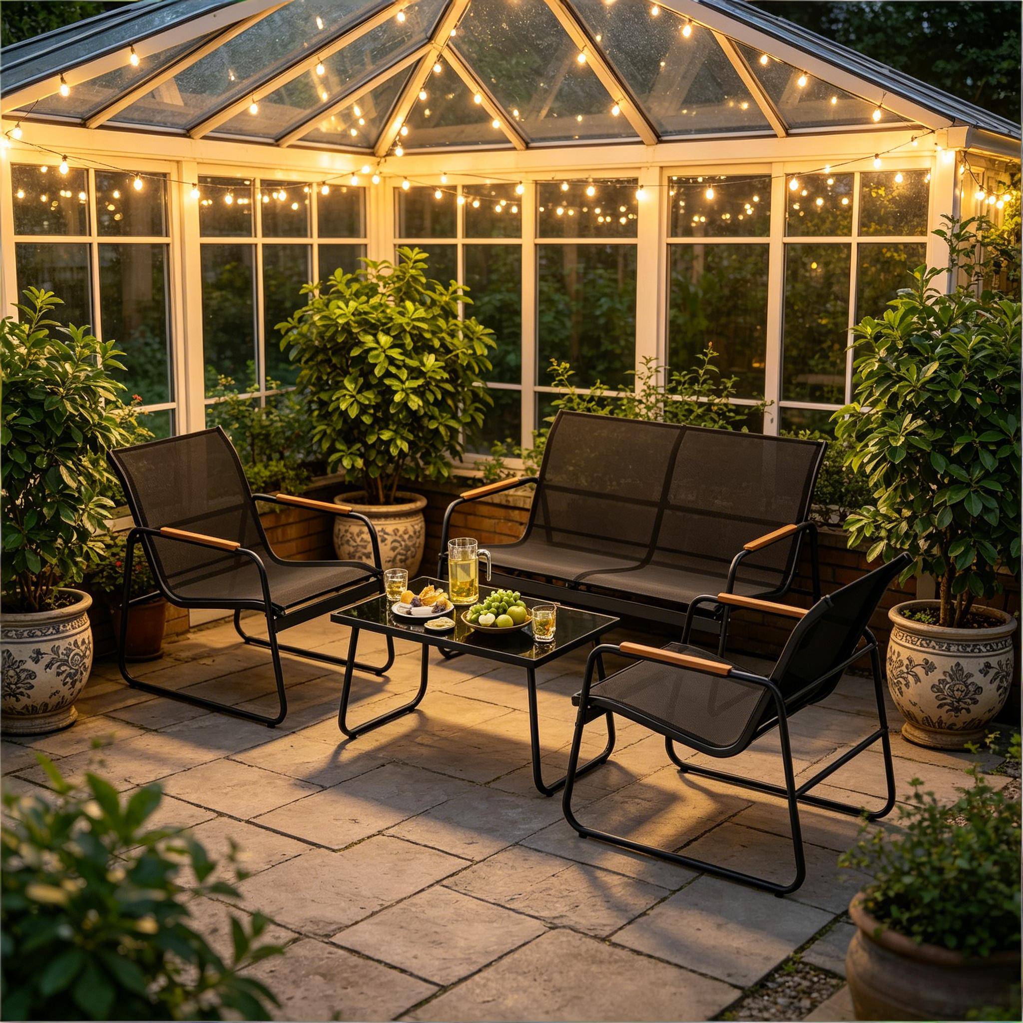 Salon de jardin 4 places métal et tissu terrasse balcon anti-rouille noir - ComfortXL Outdoor Living - Image 4