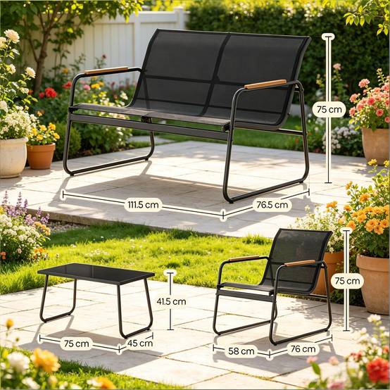 Salon de jardin 4 places métal et tissu terrasse balcon anti-rouille noir - ComfortXL Outdoor Living - Image 3