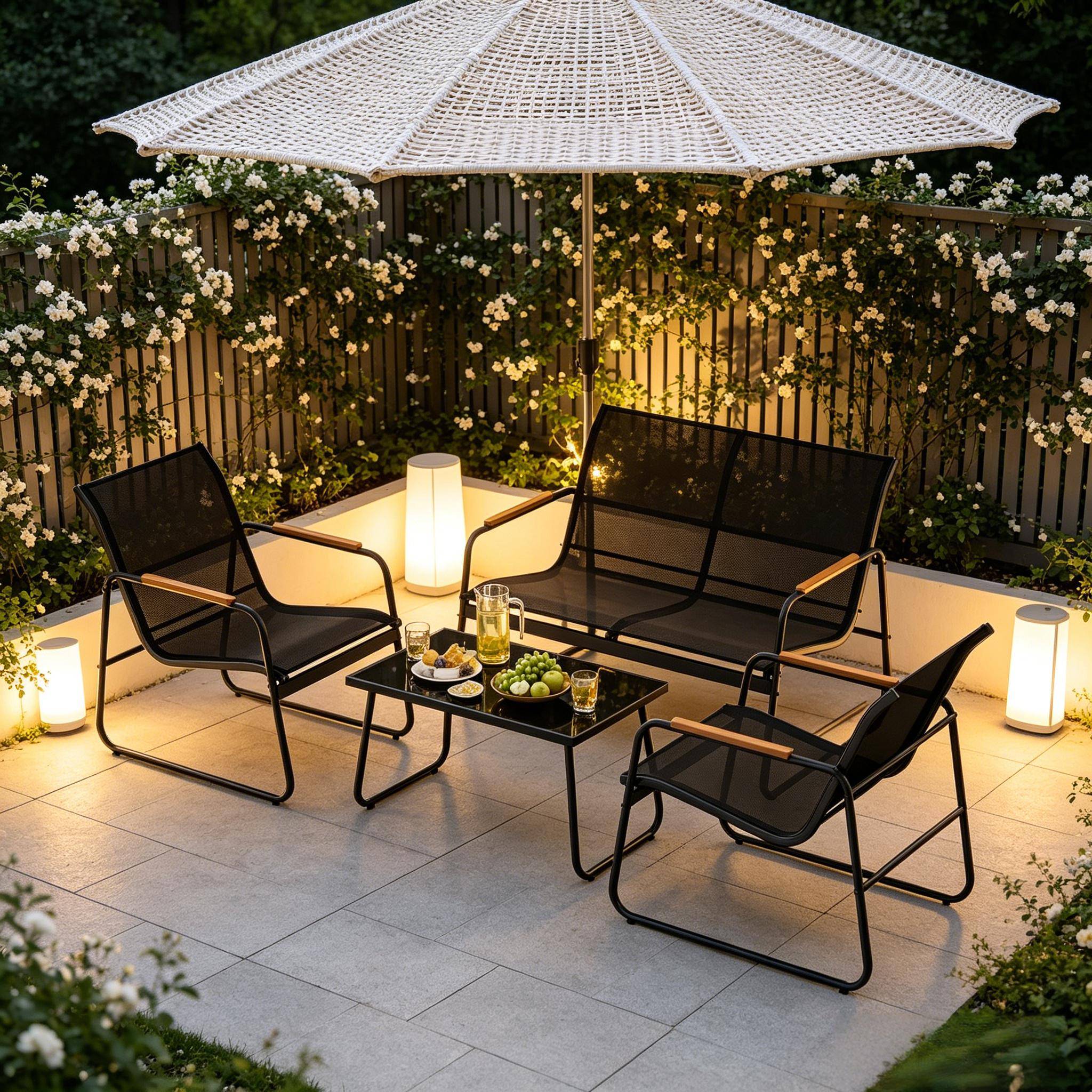 Salon de jardin 4 places métal et tissu terrasse balcon anti-rouille noir - ComfortXL Outdoor Living - Image 5