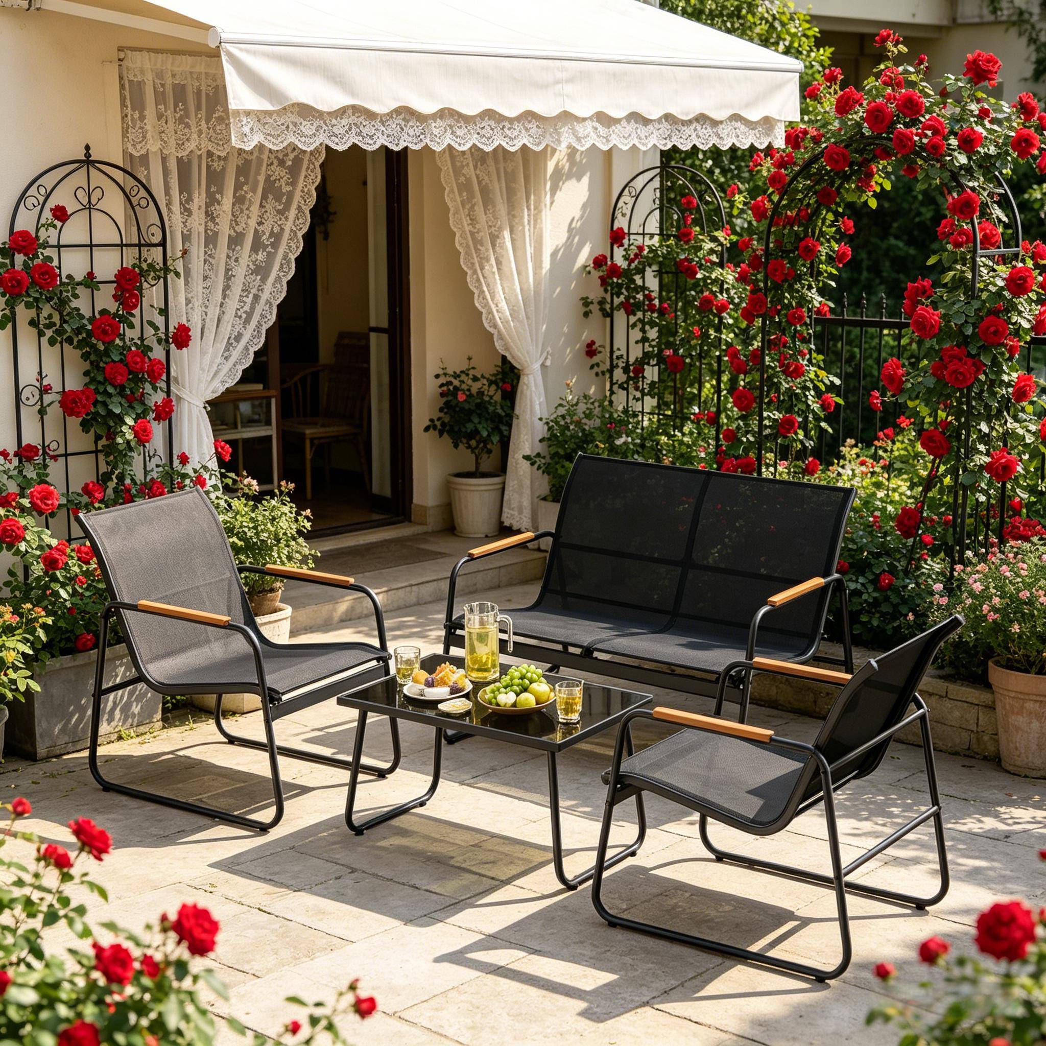 Salon de jardin 4 places métal et tissu terrasse balcon anti-rouille noir - ComfortXL Outdoor Living - Image 2