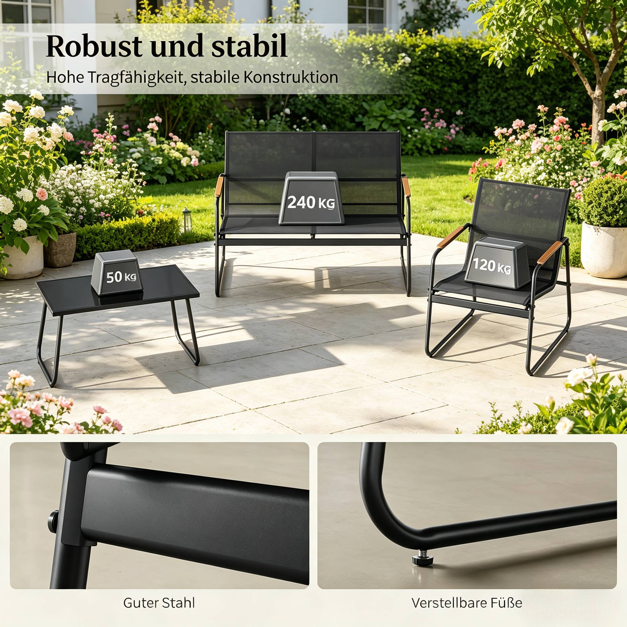 Salon de jardin 4 places métal et tissu terrasse balcon anti-rouille noir - ComfortXL Outdoor Living - Image 6