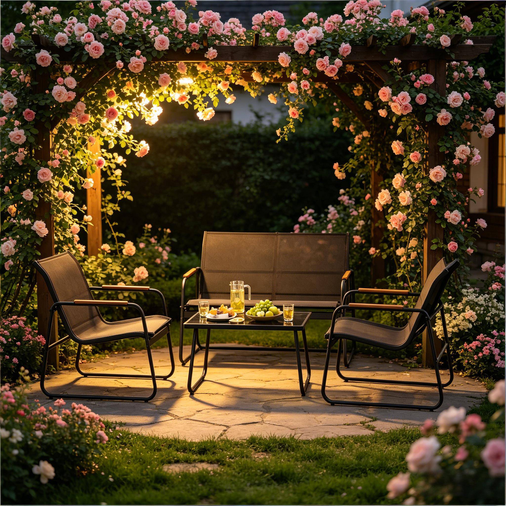 Salon de jardin 4 places métal et tissu terrasse balcon anti-rouille noir - ComfortXL Outdoor Living - Image 1