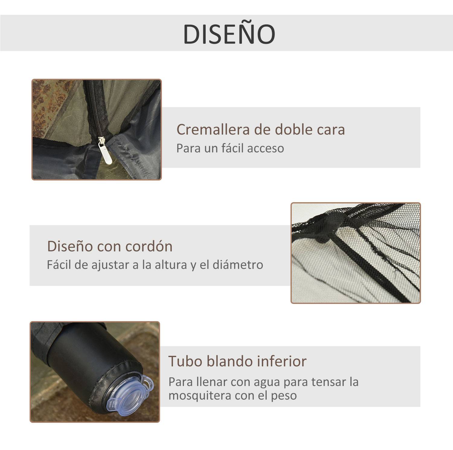 Moustiquaire parasol Ø3 m, fermeture eclaire, tube remplissable eau, terrasse balcon exterieur, noir - Image 7