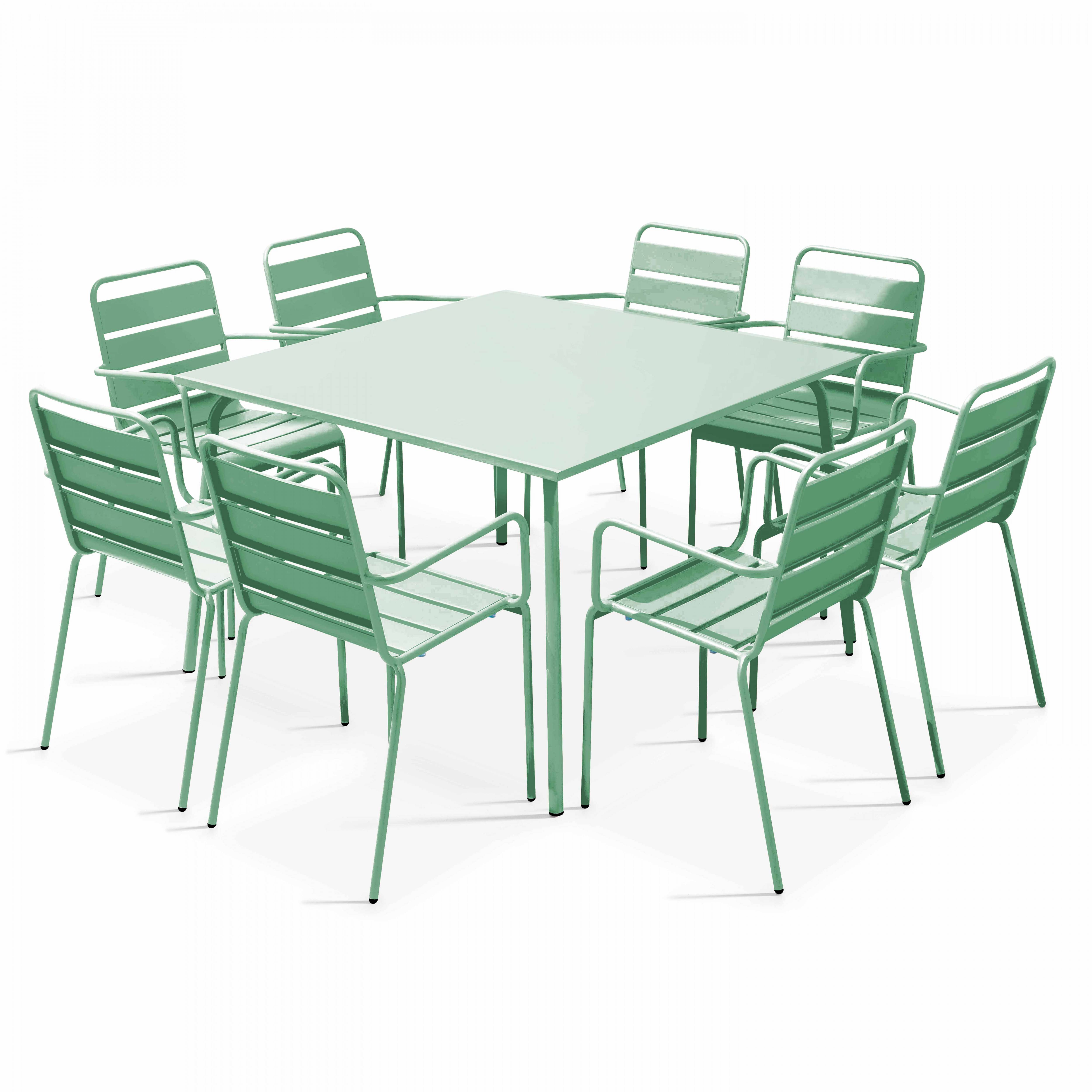 Oviala - Ensemble table de jardin carrée et 8 fauteuils en métal vert sauge Palavas - Oviala - Imagen 1