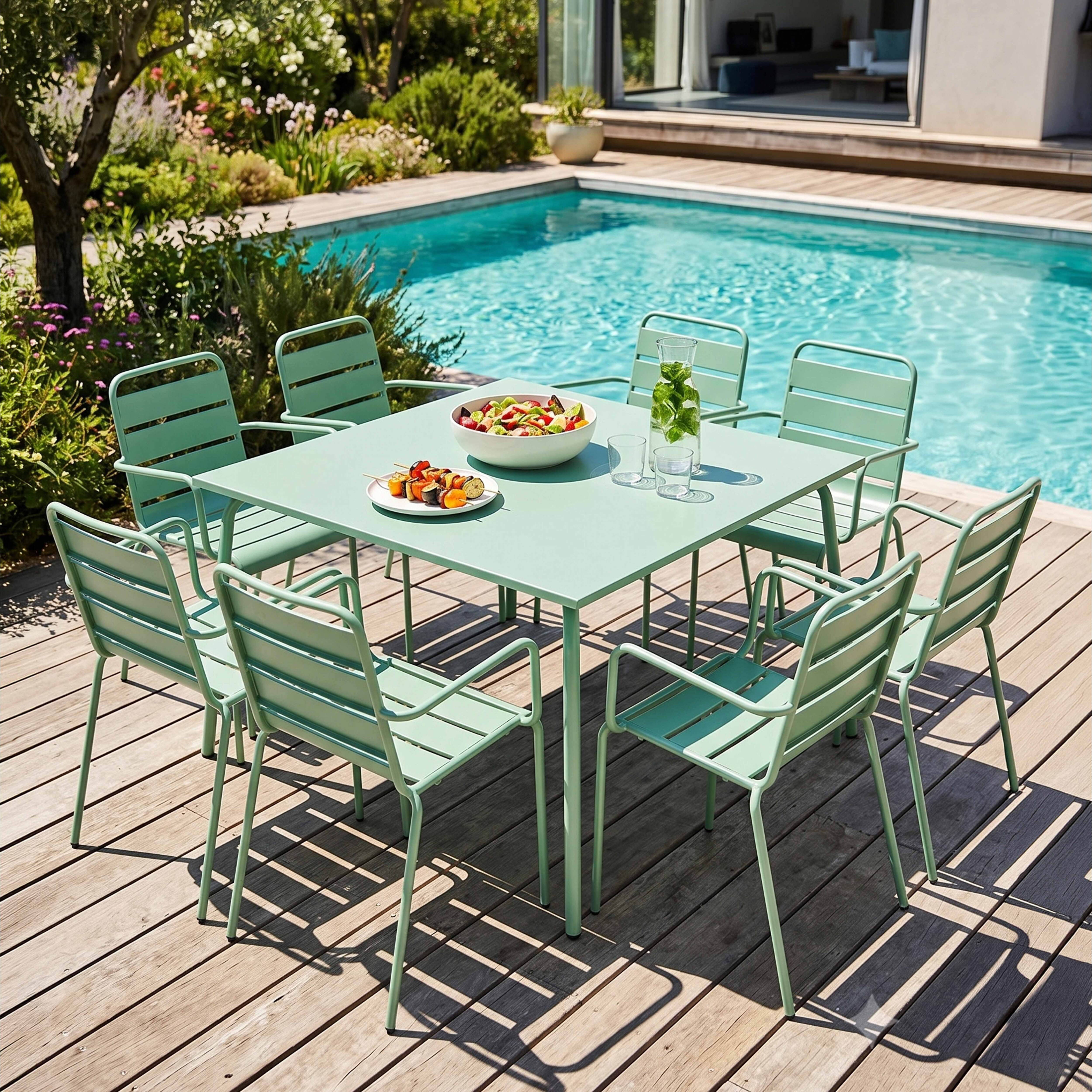 Oviala - Ensemble table de jardin carrée et 8 fauteuils en métal vert sauge Palavas - Oviala - Imagen 2