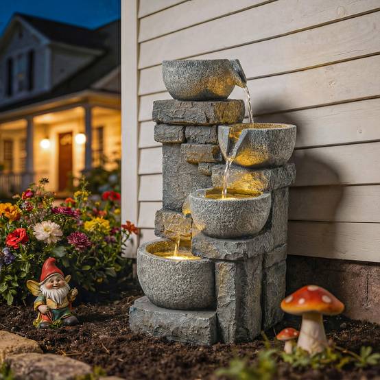 Fontaine de jardin cascade résine 4 niveaux éclairage LED pompe ajustable gris - ComfortXL Outdoor Living - Image 3