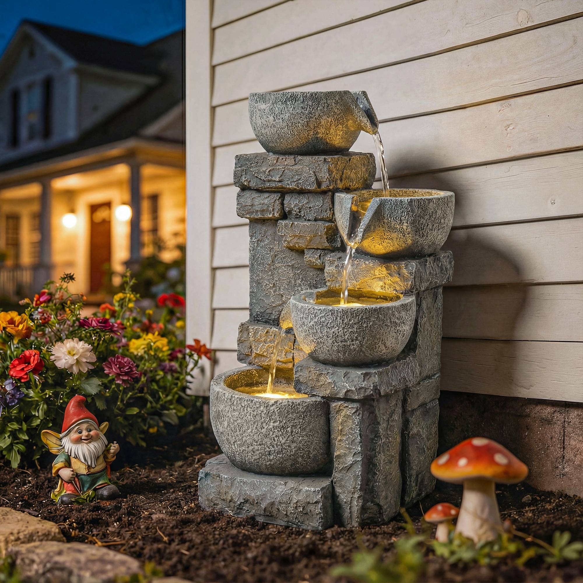 Fontaine de jardin cascade résine 4 niveaux éclairage LED pompe ajustable gris - ComfortXL Outdoor Living - Image 3