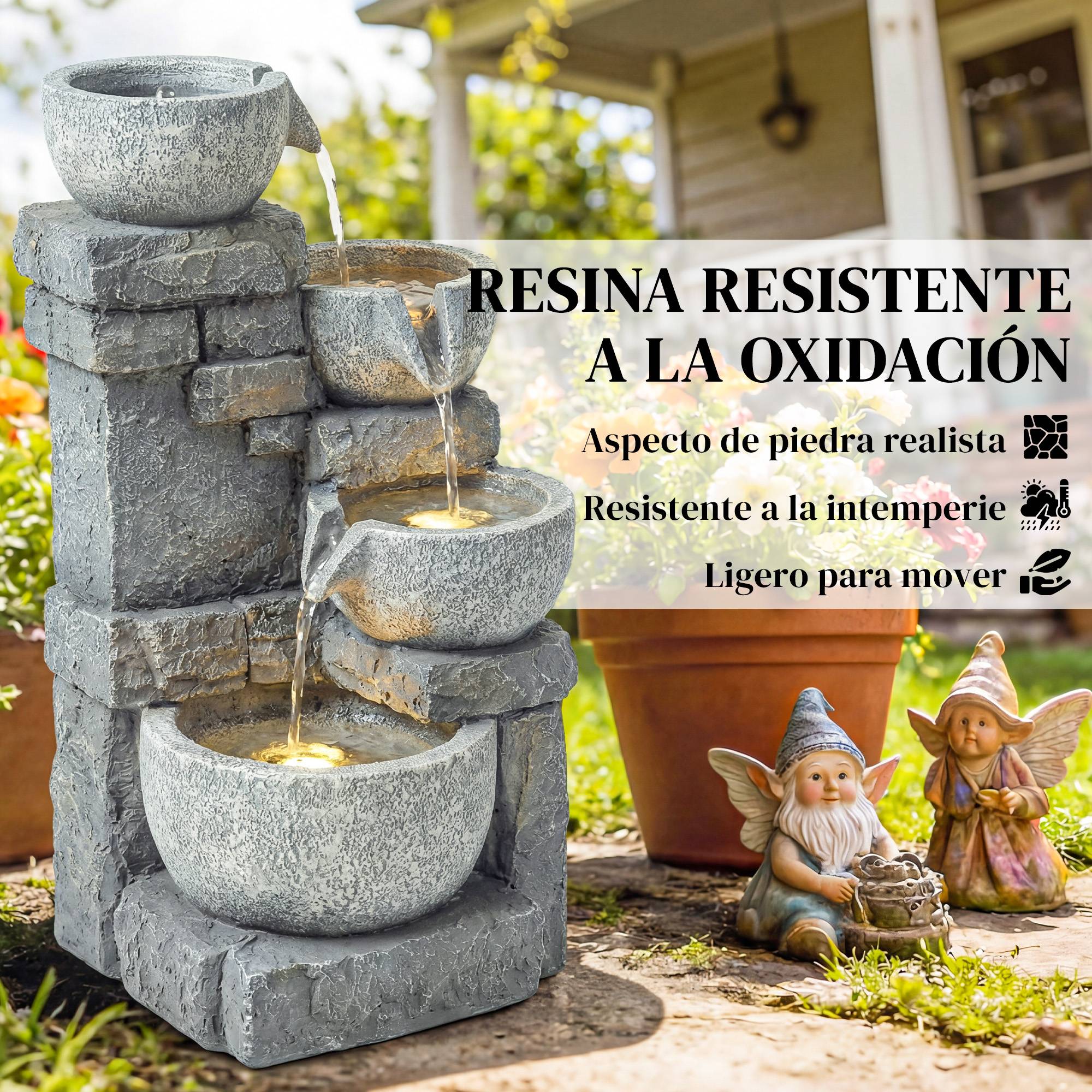Fontaine de jardin cascade résine 4 niveaux éclairage LED pompe ajustable gris - ComfortXL Outdoor Living - Image 10