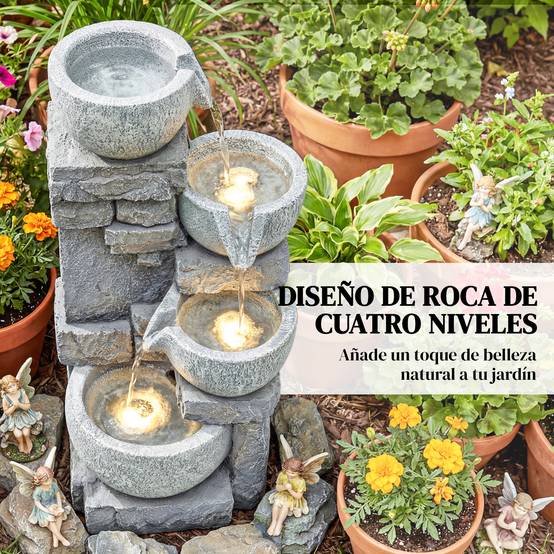 Fontaine de jardin cascade résine 4 niveaux éclairage LED pompe ajustable gris - ComfortXL Outdoor Living - Image 6